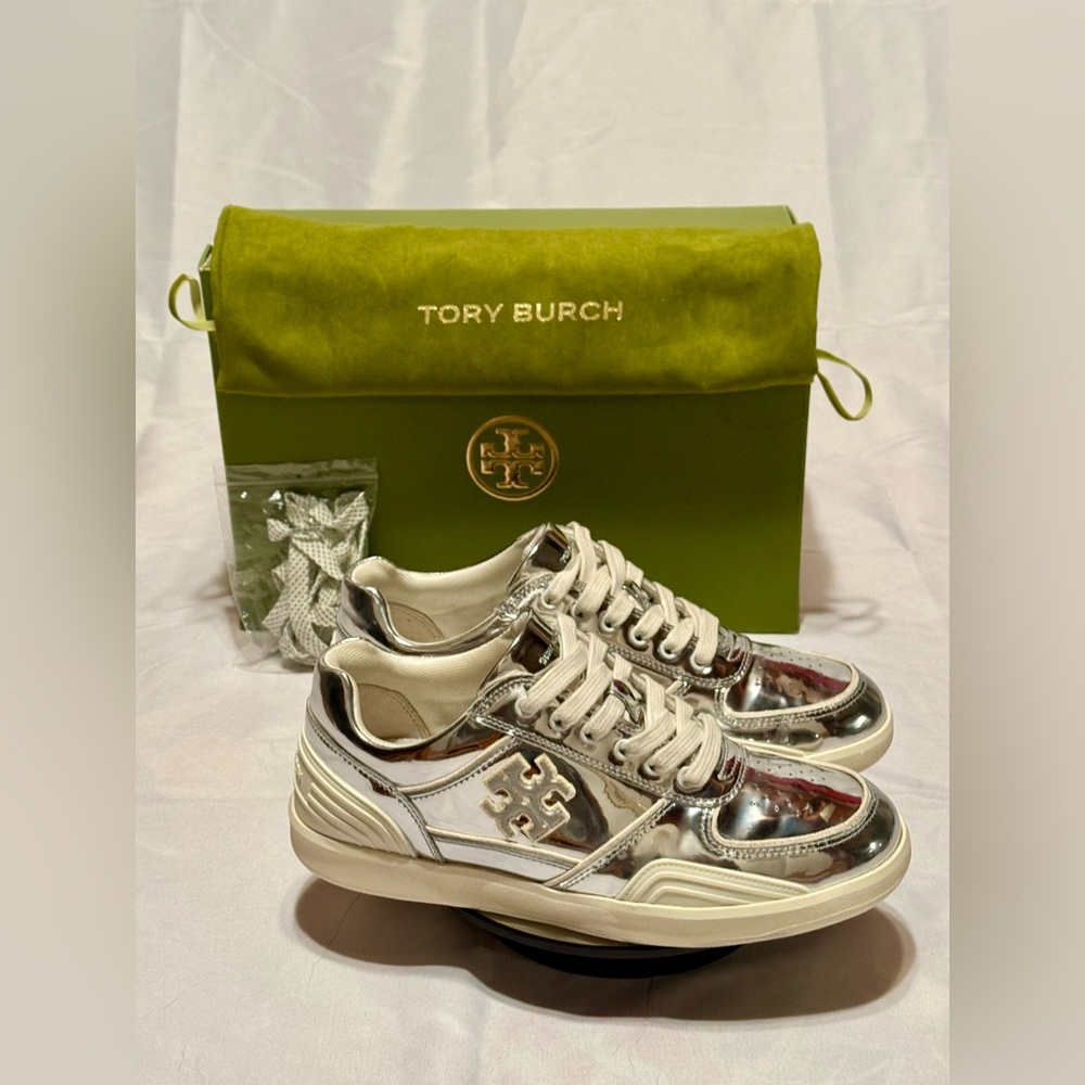 Tory Burch Clover Court Metallic Silver Women’s Sneakers 7.5 US
